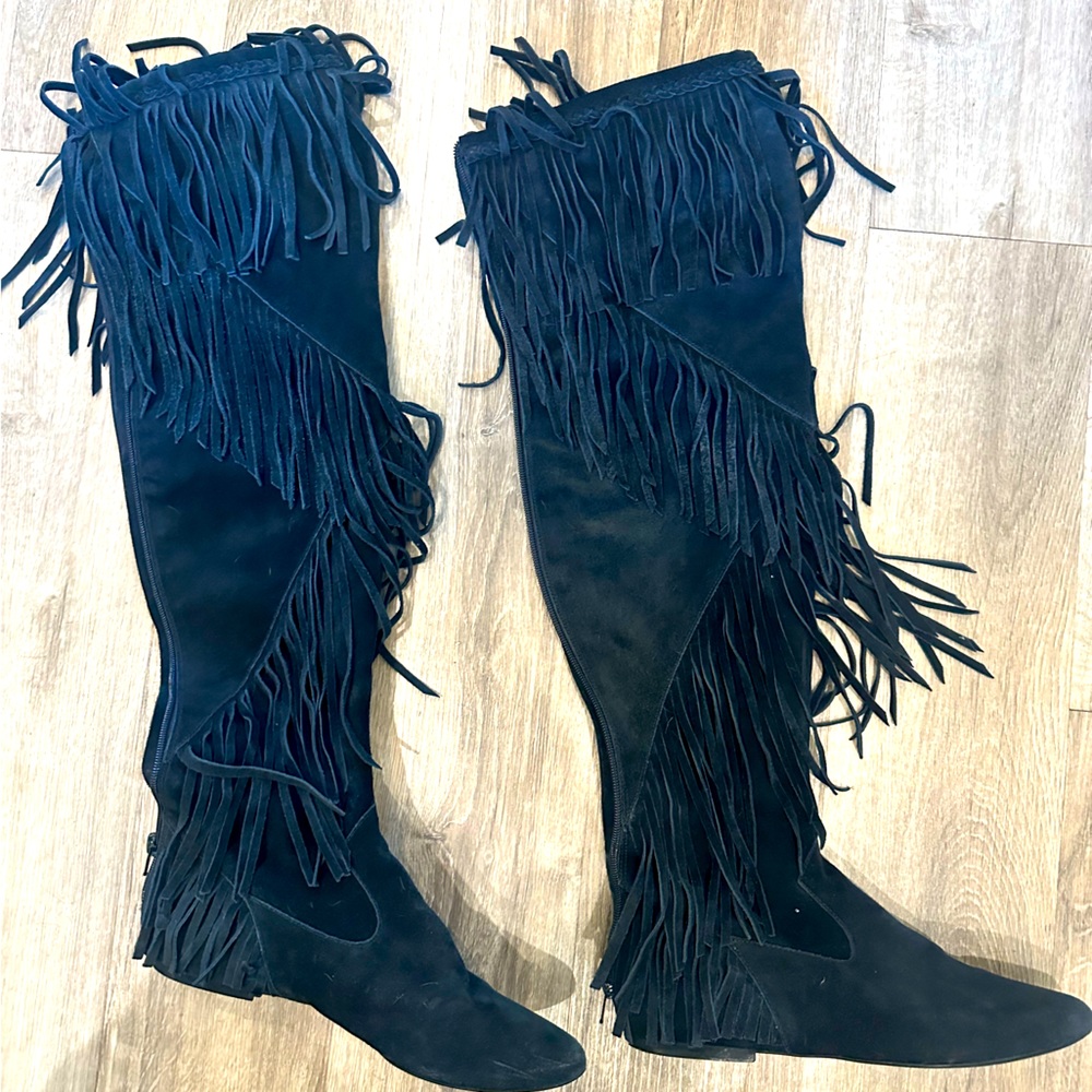 Sam Edelman Thigh High Black Suede Fringe Boots- SZ 9.5